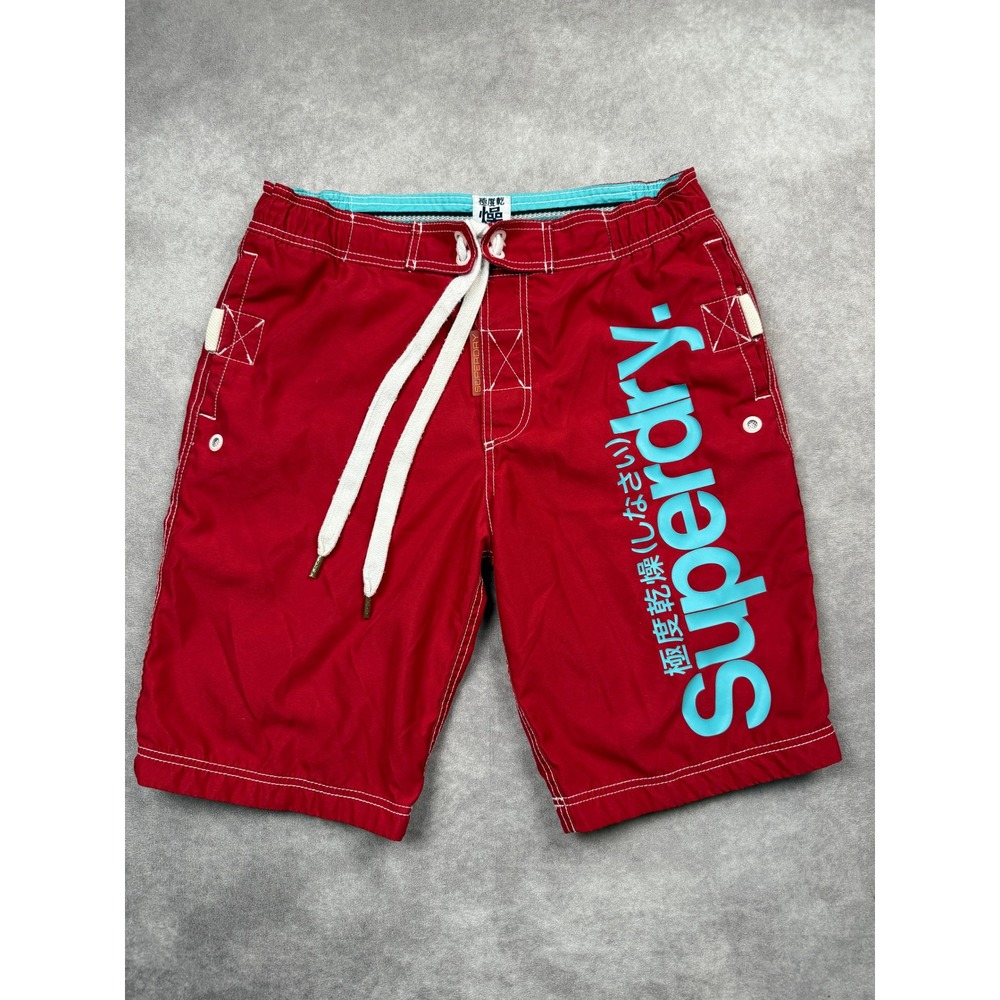 Superdry Mens M Red Blue Logo Swim Board Shorts Trunks New Jpn Swim Surf Mesh
